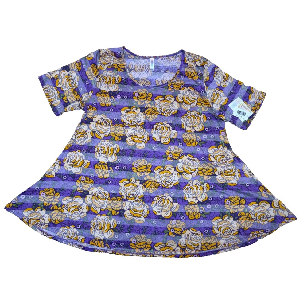 LuLaRoe Womens Top Size 2XL Perfect Tee Purple Yellow Roses Floral Rayon XXL NWT